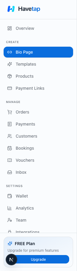 Halaman Bio Page di menu sidebar dashboard