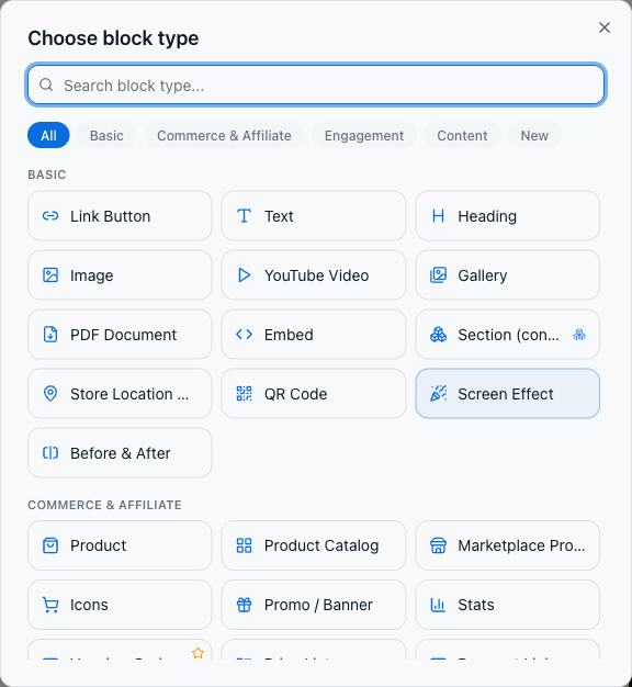 Dialog pilih jenis block dengan kategori